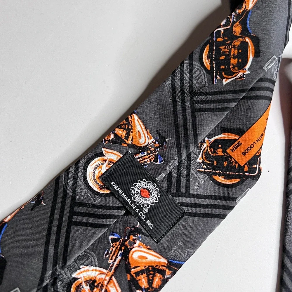 Vintage 1997 Harley Davidson Springer Silk Tie Ralph Marlin‎ Mens Grey Logo